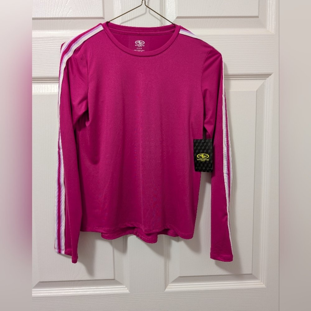 Athletic Sportswear Pink Long Sleeve Tee with Athletic Stripes